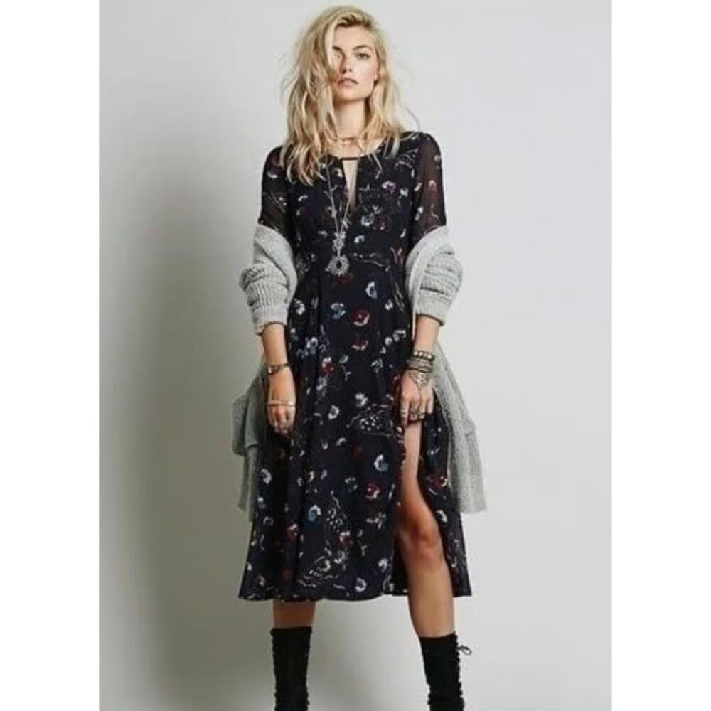 Free People Bonnie Butterfly Midi Dress Flowy Black Boho Fairy 0 Whimsical